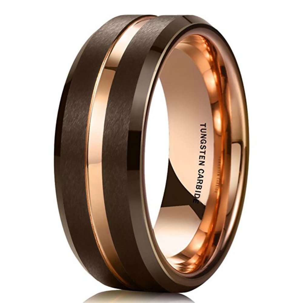 Men's Tungsten Wedding Band (8mm). Brown & Rose Gold Tungsten Carbide Ring.